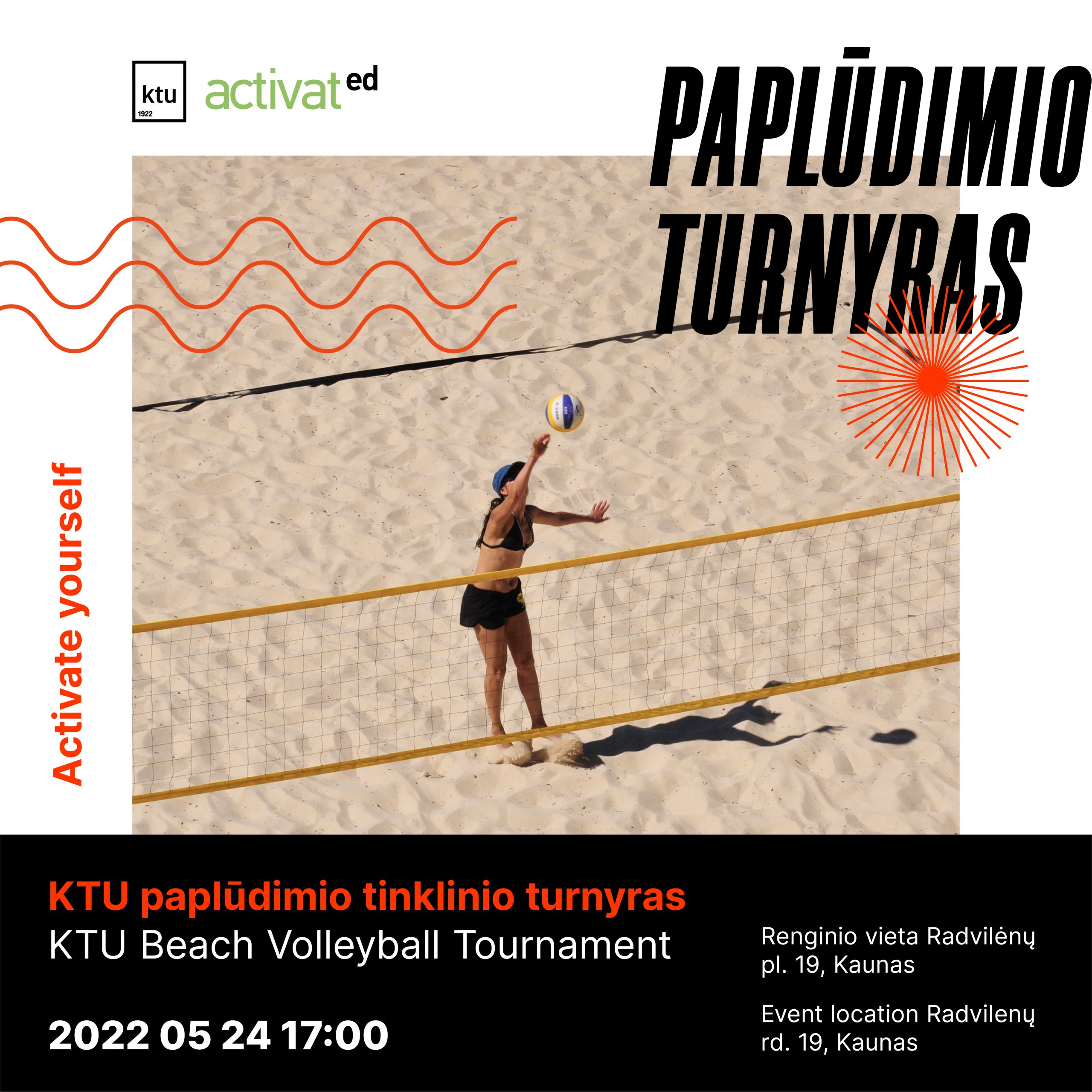 One women in bikini top playing volleyball on the beach court and written text on the right top and bottom of the image with logo on the top left corner