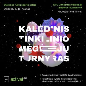 The poster with black starry background and blue, white, red christmas toys with text on it: "Christmas volleyball tournament for amateurs"