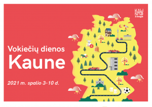 Red poster with colorful map that says "German days in Kaunas 2021"